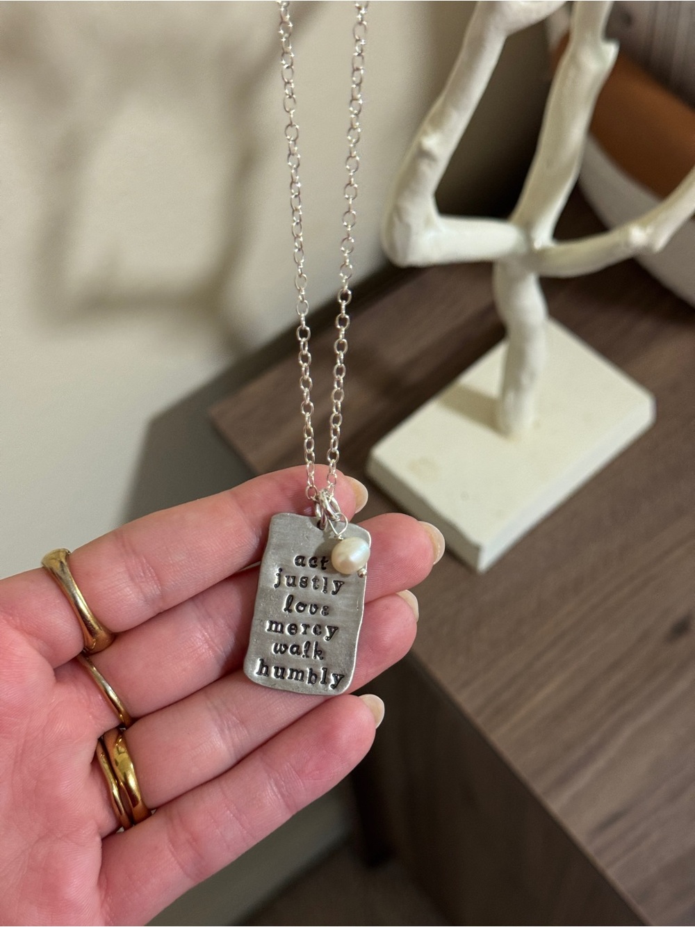 Silver ‘Act Justly, Love Mercy, Walk Humbly’ Engraved Necklace with Pearl Charm